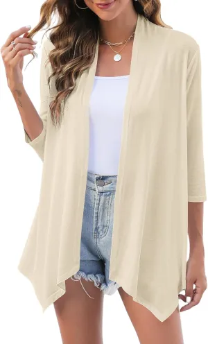 Uvog Women's 3/4 Sleeve Draped Open Front Cardigan Casual Loose Lightweight Cardigans