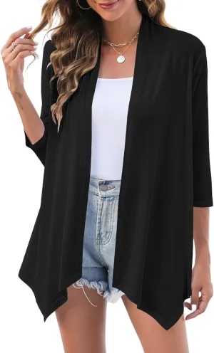 Uvog Women's 3/4 Sleeve Draped Open Front Cardigan Casual Loose Lightweight Cardigans