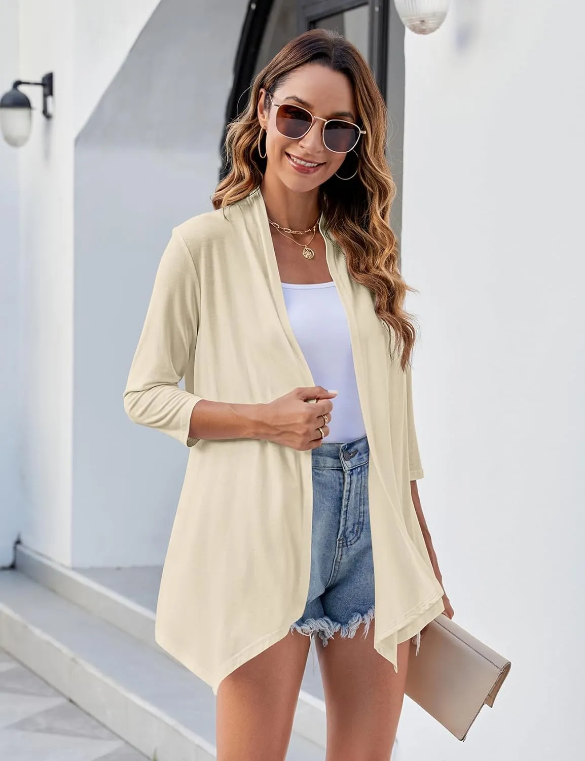Uvog Women's 3/4 Sleeve Draped Open Front Cardigan Casual Loose Lightweight Cardigans