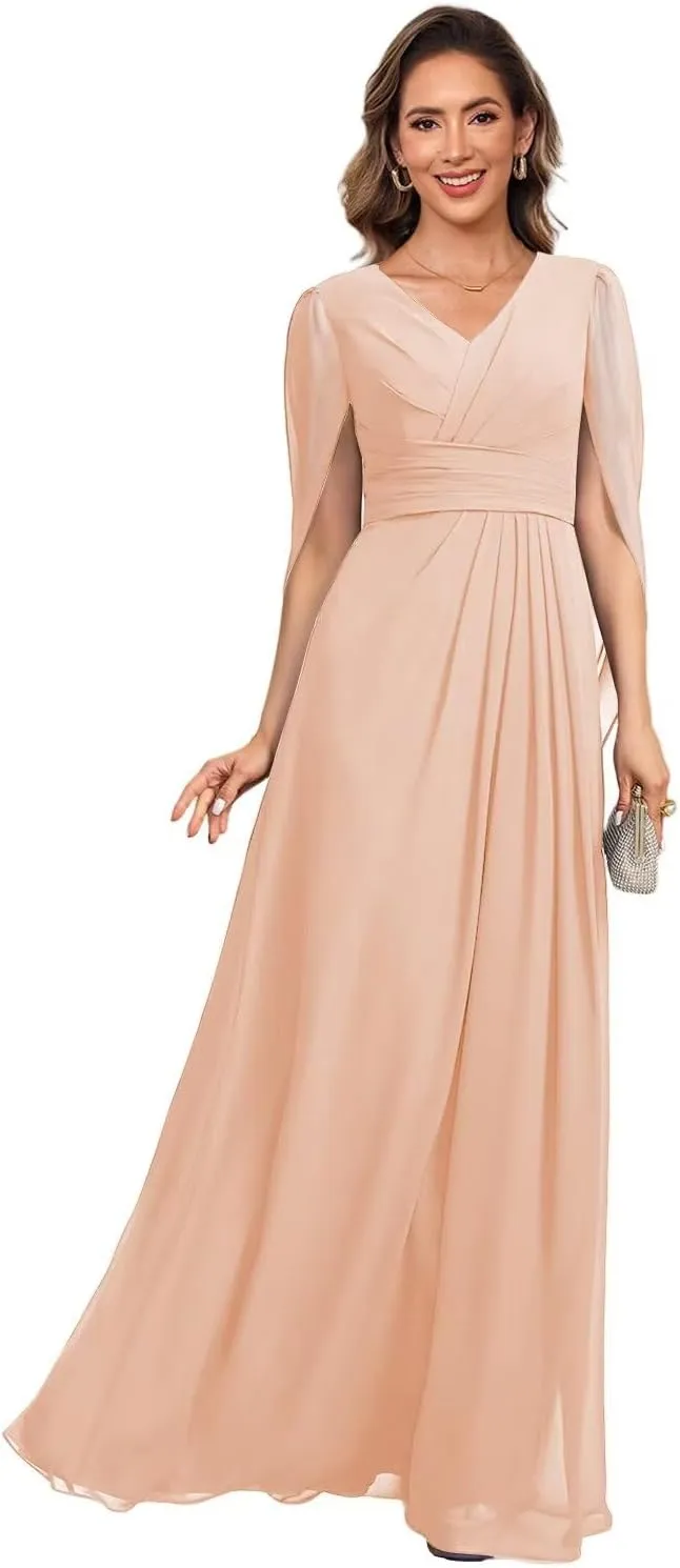V Neck Cape Sleeves Mother of The Bride Dresses for Wedding Long Pleated Chiffon A-line Formal Dress AD118