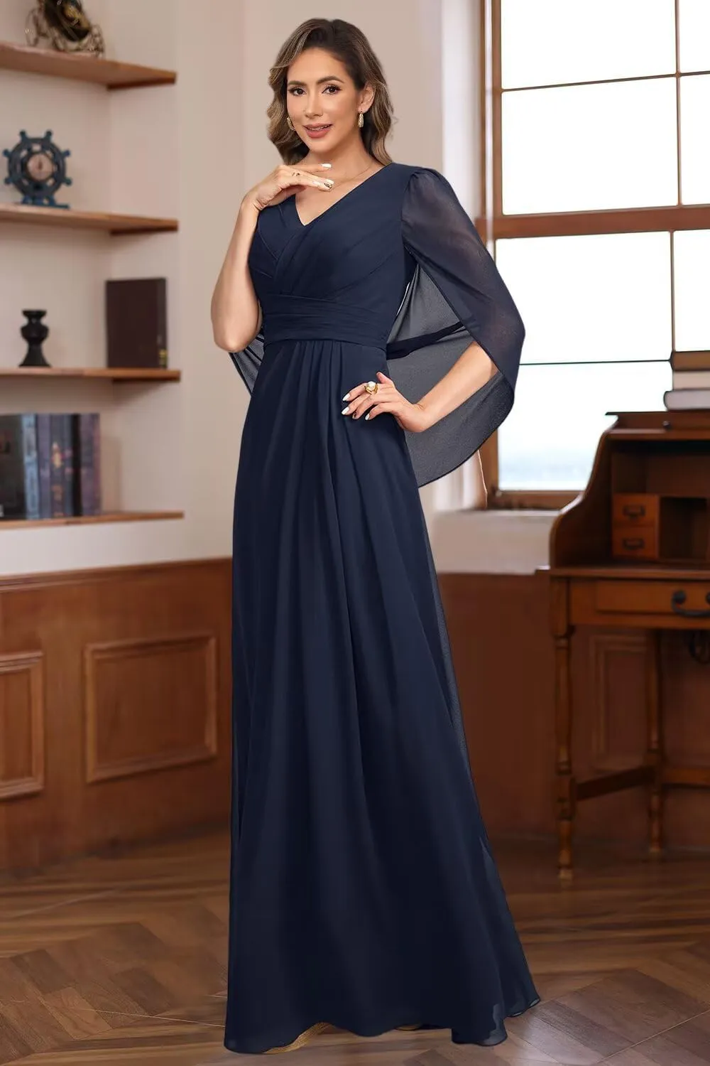 V Neck Cape Sleeves Mother of The Bride Dresses for Wedding Long Pleated Chiffon A-line Formal Dress AD118