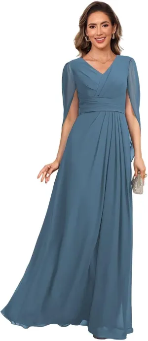V Neck Cape Sleeves Mother of The Bride Dresses for Wedding Long Pleated Chiffon A-line Formal Dress AD118