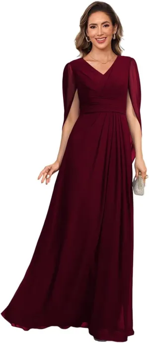 V Neck Cape Sleeves Mother of The Bride Dresses for Wedding Long Pleated Chiffon A-line Formal Dress AD118
