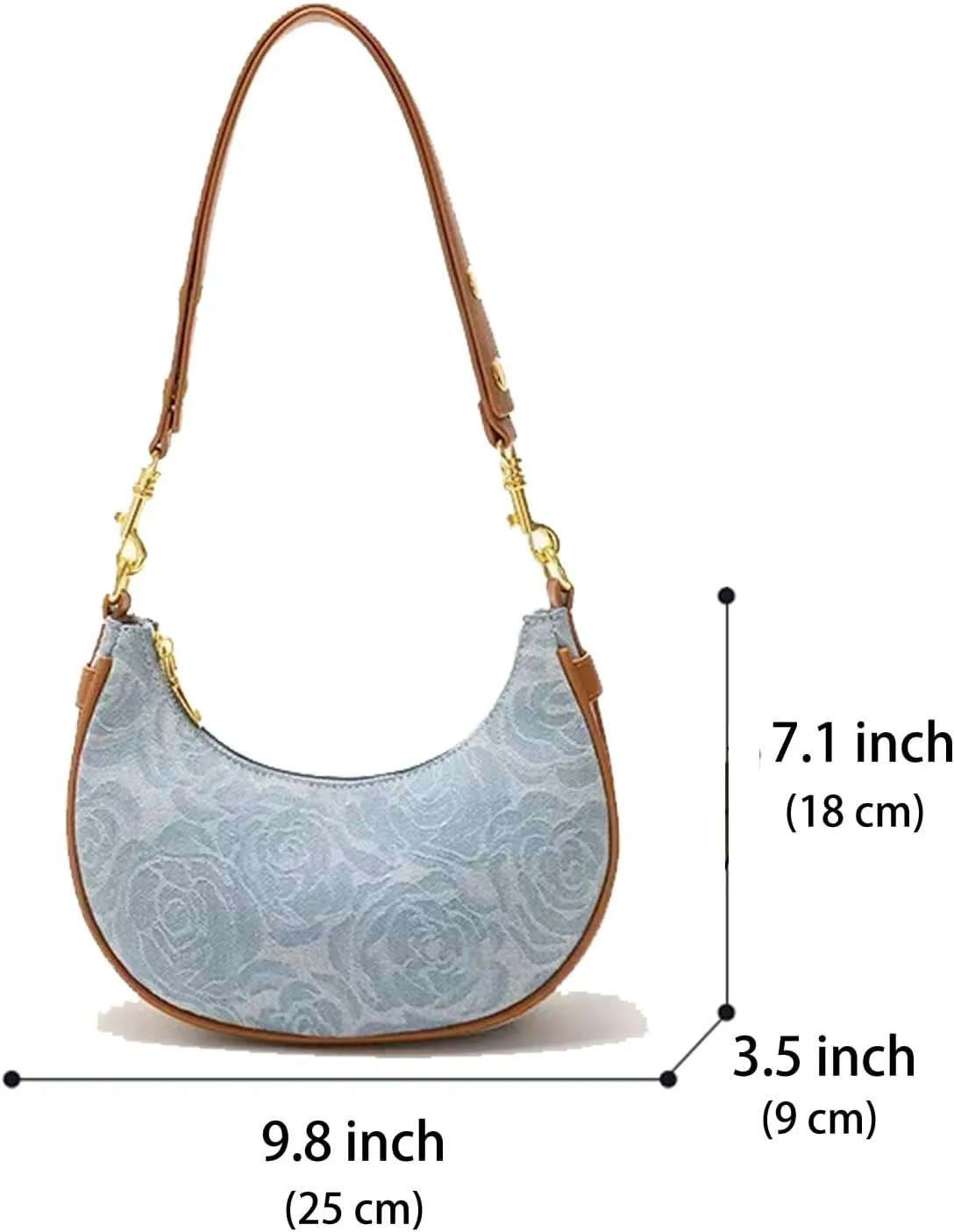 Vegan Leather Crescent Shoulder Bag Underarm Purse for Women Zipper Purses Quilted Handbag with Denim Blue Pocket