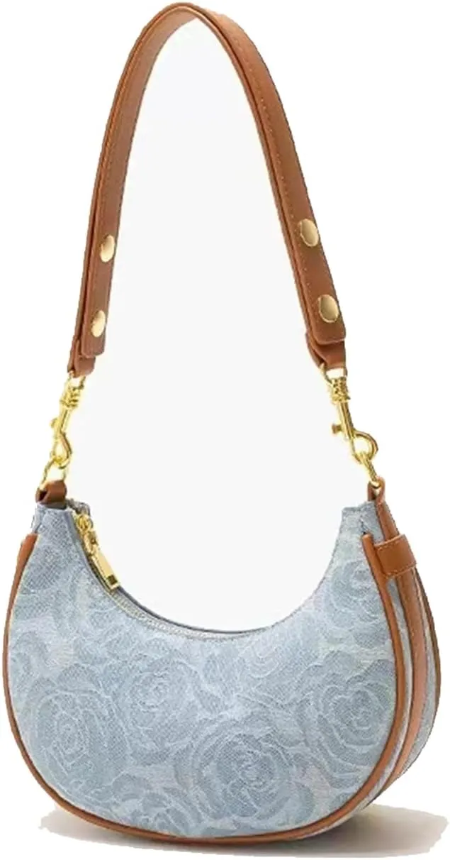 Vegan Leather Crescent Shoulder Bag Underarm Purse for Women Zipper Purses Quilted Handbag with Denim Blue Pocket