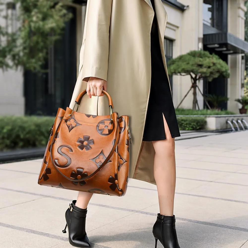 Vegan Leather Tote Bag Embossed Bucket Handbag Trendy Purse for Women Top Handle Work Hobo Bag Shoulder Purse