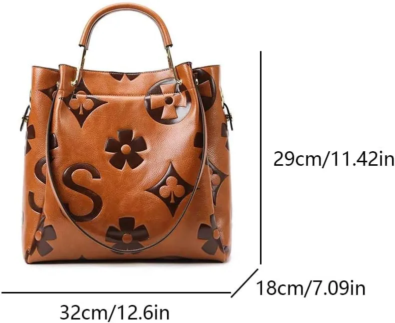 Vegan Leather Tote Bag Embossed Bucket Handbag Trendy Purse for Women Top Handle Work Hobo Bag Shoulder Purse