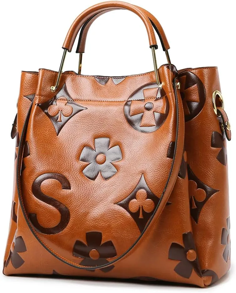 Vegan Leather Tote Bag Embossed Bucket Handbag Trendy Purse for Women Top Handle Work Hobo Bag Shoulder Purse