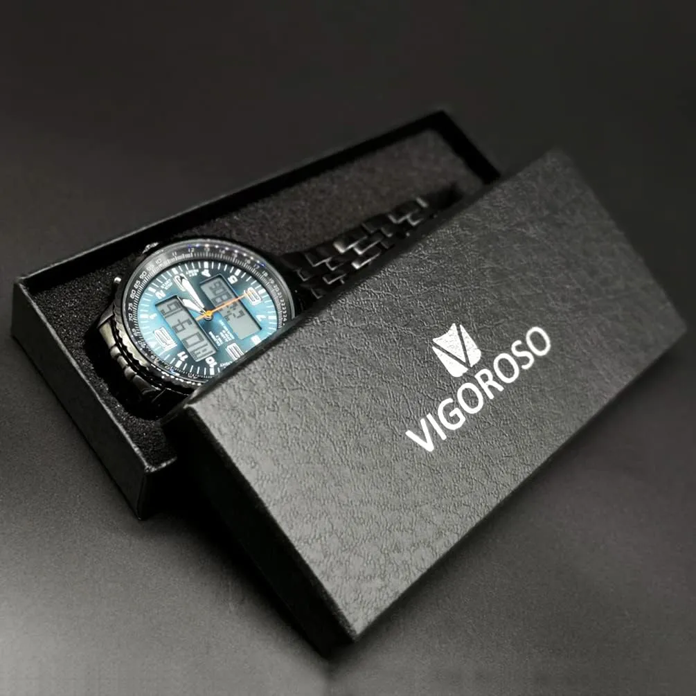 VIGOROSO Men's LED Analog Digital Watch Men Date Week Sports All Black Steel Mens Watch for Men
