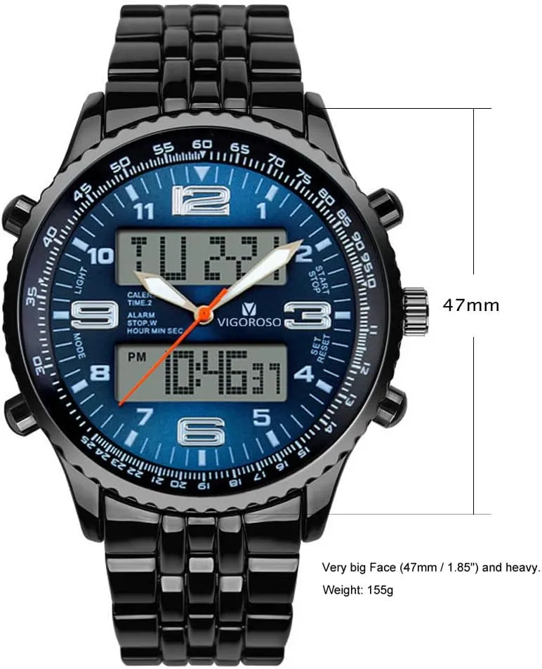 VIGOROSO Men's LED Analog Digital Watch Men Date Week Sports All Black Steel Mens Watch for Men