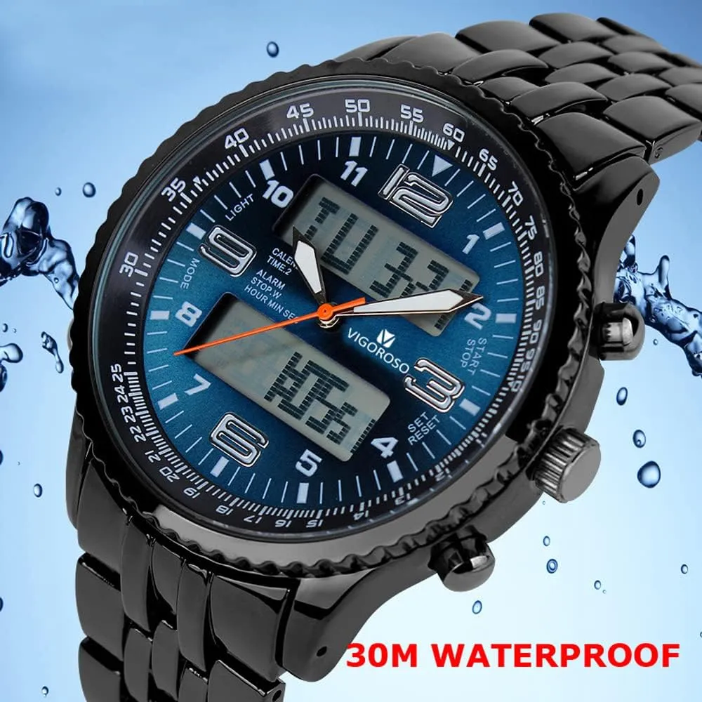 VIGOROSO Men's LED Analog Digital Watch Men Date Week Sports All Black Steel Mens Watch for Men