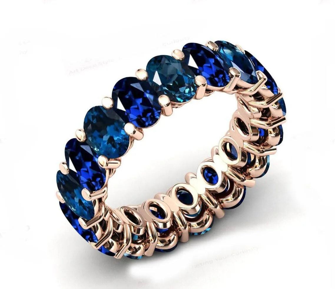 Vintage Blue Sapphire Eternity Band 925 Sterling Silver London Blue Topaz Eternity Wedding Ring Art Deco Cluster Multi Gemstone Gift For Her