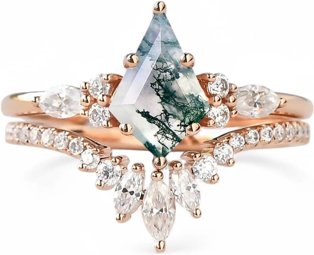 Vintage Kite Cut Moss Agate Wedding Ring Set 14K Rose Gold Proposal Gift Unique Diamond Cluster Stacking Ring Set Personalized Jewelry For Women BY COSMICJEWELCRAFTS