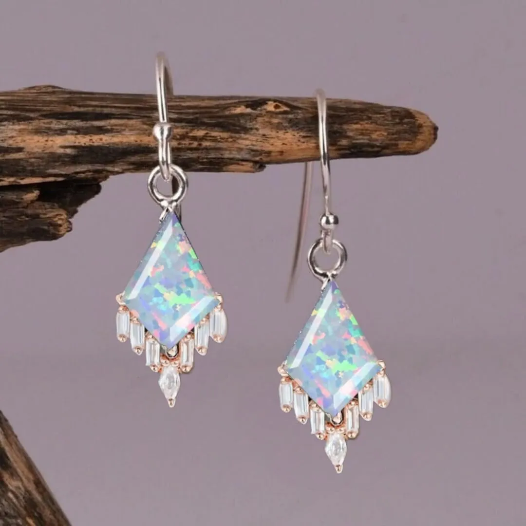 Vintage Kite Cut Natural Opal Earrings, Drop and dangal earrings for Womens