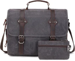 Vintage Messenger Bag 15.6 Inch Waterproof Genuine Leather Waxed Canvas Briefcase Large Leather Computer Laptop Bag