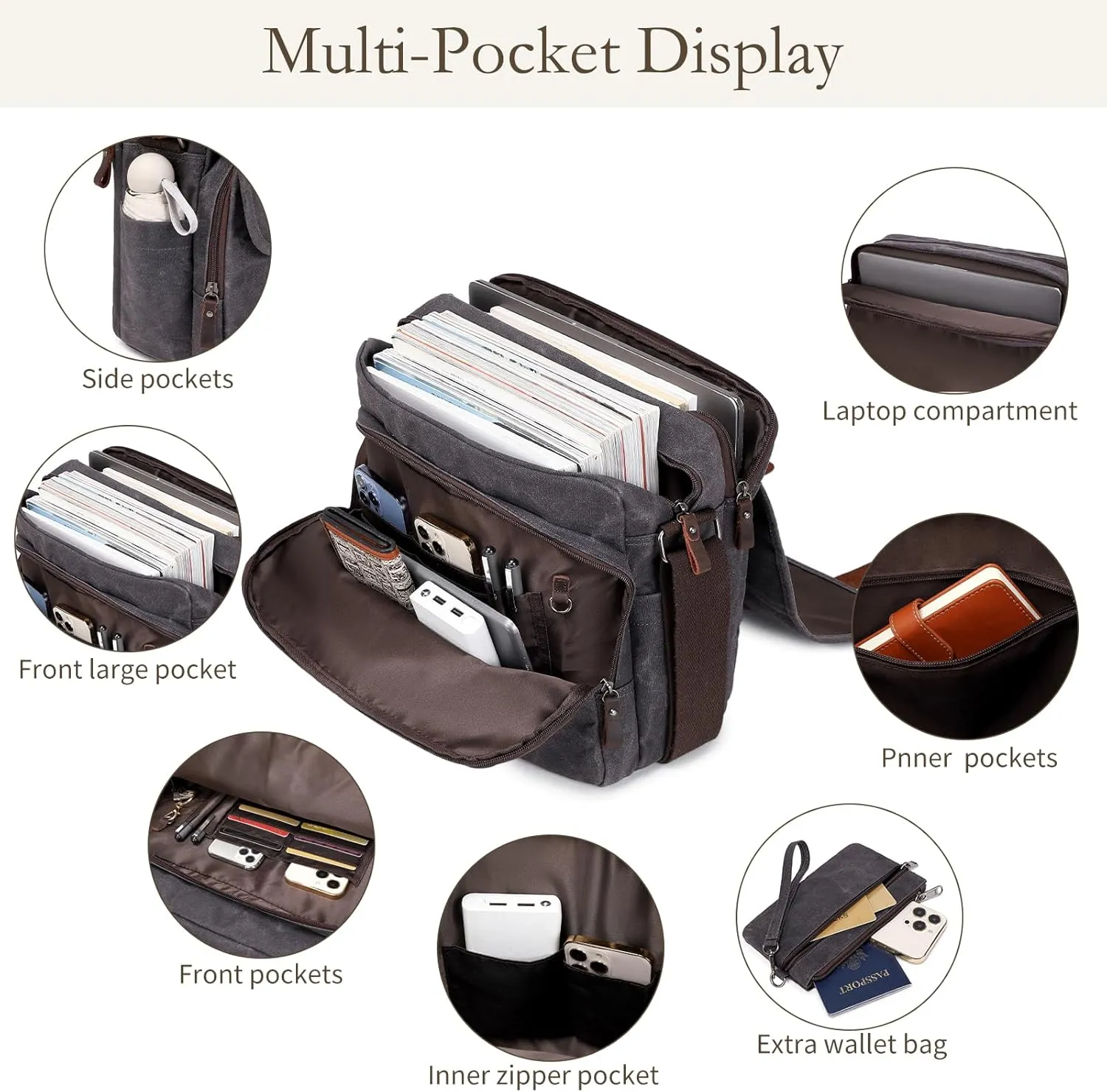 Vintage Messenger Bag 15.6 Inch Waterproof Genuine Leather Waxed Canvas Briefcase Large Leather Computer Laptop Bag