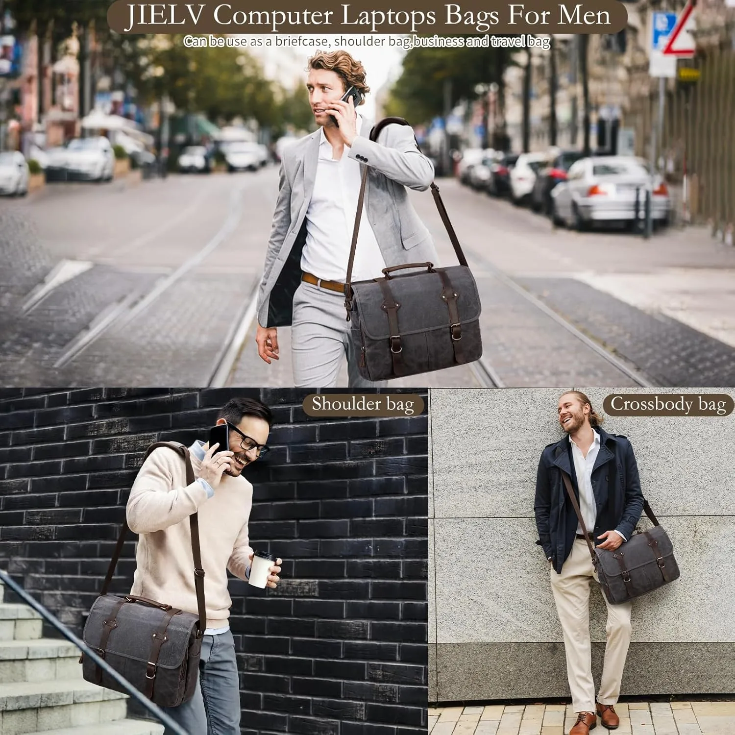 Vintage Messenger Bag 15.6 Inch Waterproof Genuine Leather Waxed Canvas Briefcase Large Leather Computer Laptop Bag