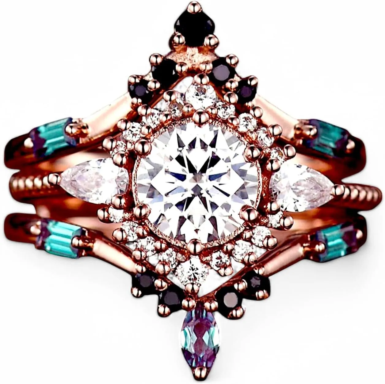 Vintage Moissanite Engagement Ring Set - Unique Rose Gold Cluster Bridal Set with Double Curved Alexandrite Wedding Band, Ethical Gemstone Promise Gift
