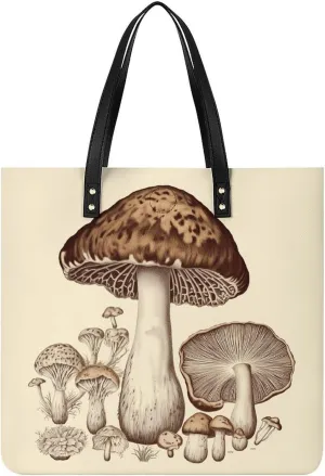Vintage Mushrooms Drawing Tote Bag Pu Leather Handbags for Women Shopping Shoulder Bags Travel Hobo Bags Slouchy Tote Big Capacity Cross Body Handbags Laptop Briefcases