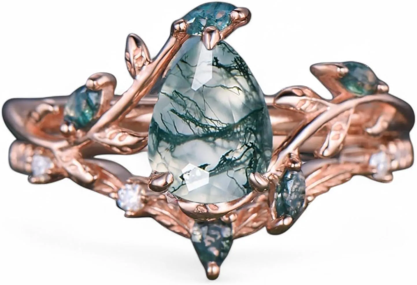 Vintage pear cut green moss agate engagement ring rose gold art deco cluster leaf nature inspired bridal promise wedding ring set women BY ZENITHCRAFTSS