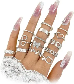 Vintage Silver Stackable Knuckle Ring Set for Women,Boho Heart Butterfly Open Rings Joint Finger Stacking Nail Rings Jewelry Gift