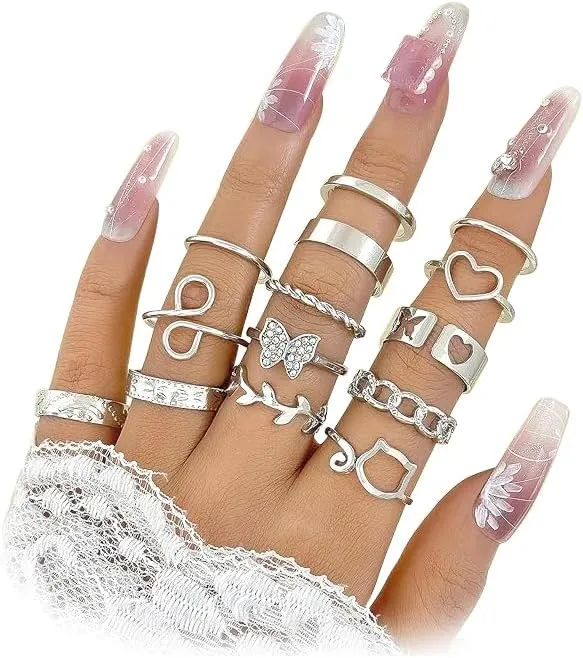 Vintage Silver Stackable Knuckle Ring Set for Women,Boho Heart Butterfly Open Rings Joint Finger Stacking Nail Rings Jewelry Gift