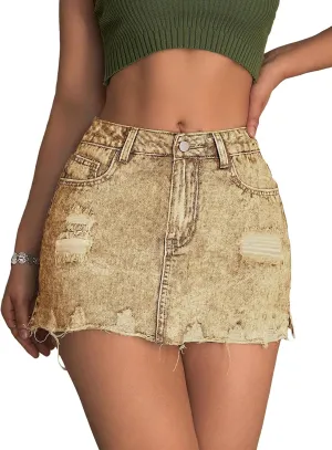 WDIRARA Women's Ripped Skirts Split Thigh High Waisted Casual Street Mini Denim Skirts