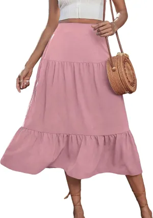 WDIRARA Women's Ruffle Tiered Pleated Skirts High Waisted Summer Casual A Line Midi Skirts