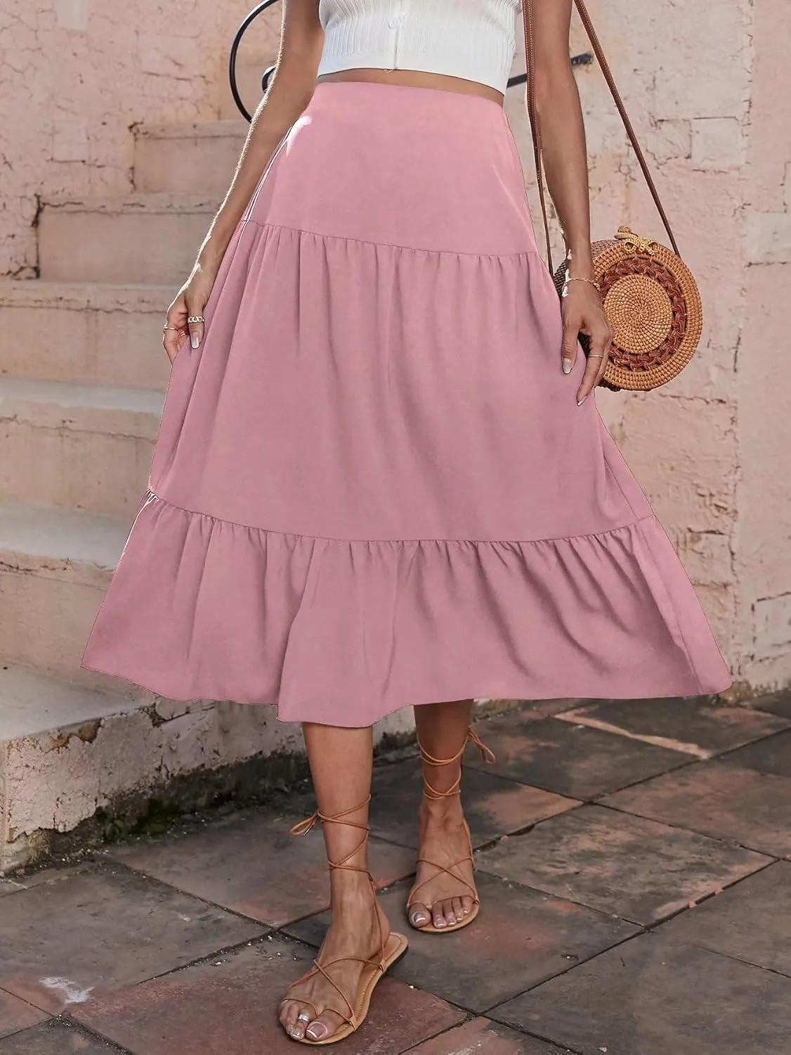 WDIRARA Women's Ruffle Tiered Pleated Skirts High Waisted Summer Casual A Line Midi Skirts