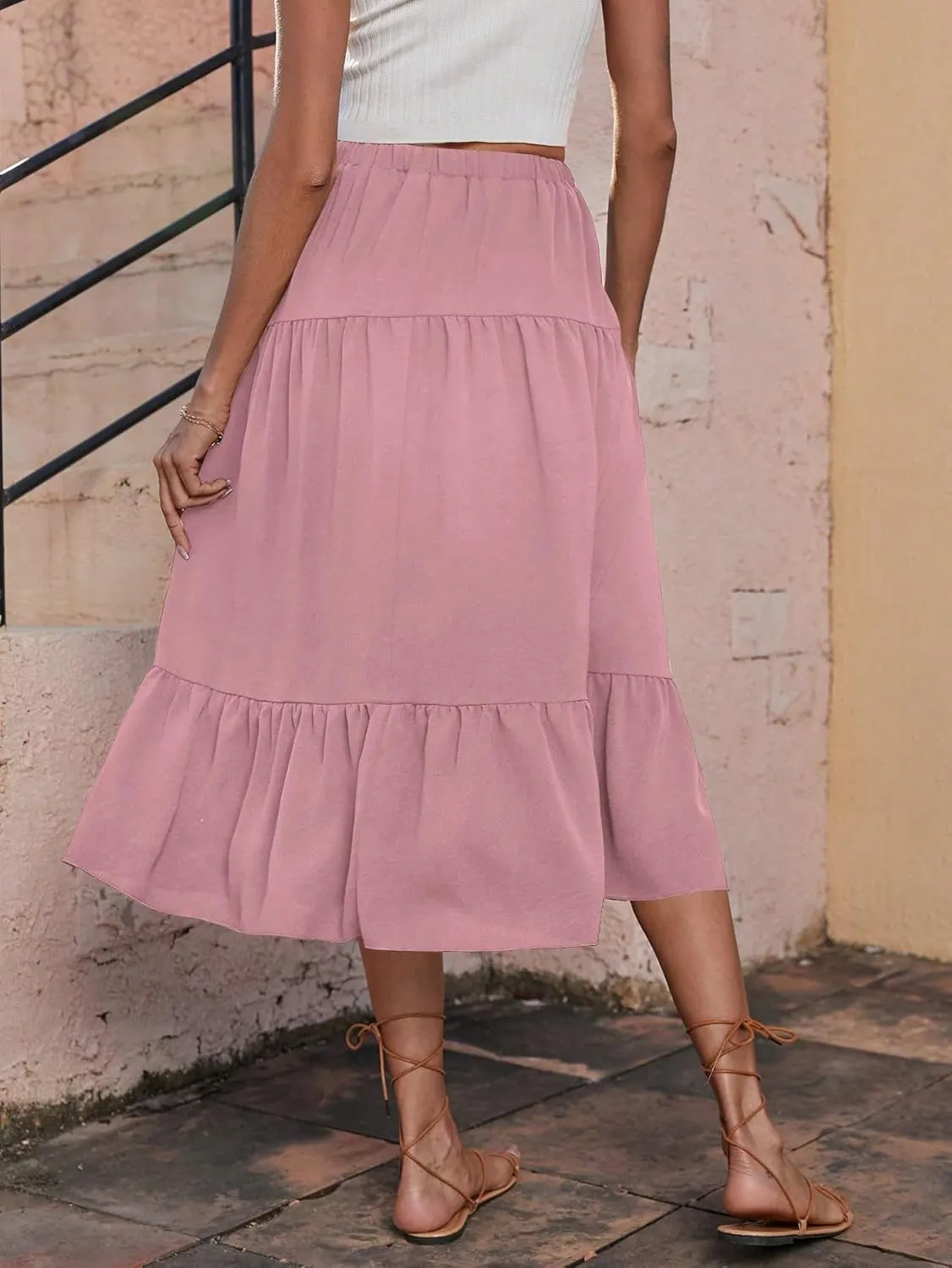 WDIRARA Women's Ruffle Tiered Pleated Skirts High Waisted Summer Casual A Line Midi Skirts