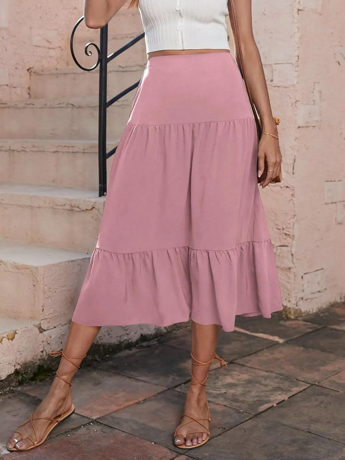 WDIRARA Women's Ruffle Tiered Pleated Skirts High Waisted Summer Casual A Line Midi Skirts