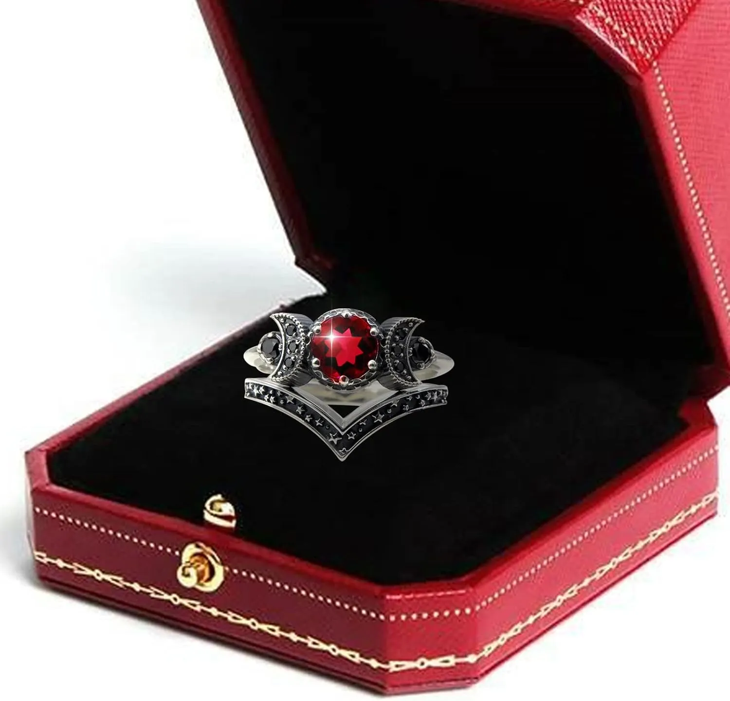 Wedding Bands for Women,Purple Crystal Cubic Zirconia Inlaid Promise Ring Wicca Pagan Triple Moon Godness Jewelry Ring Set
