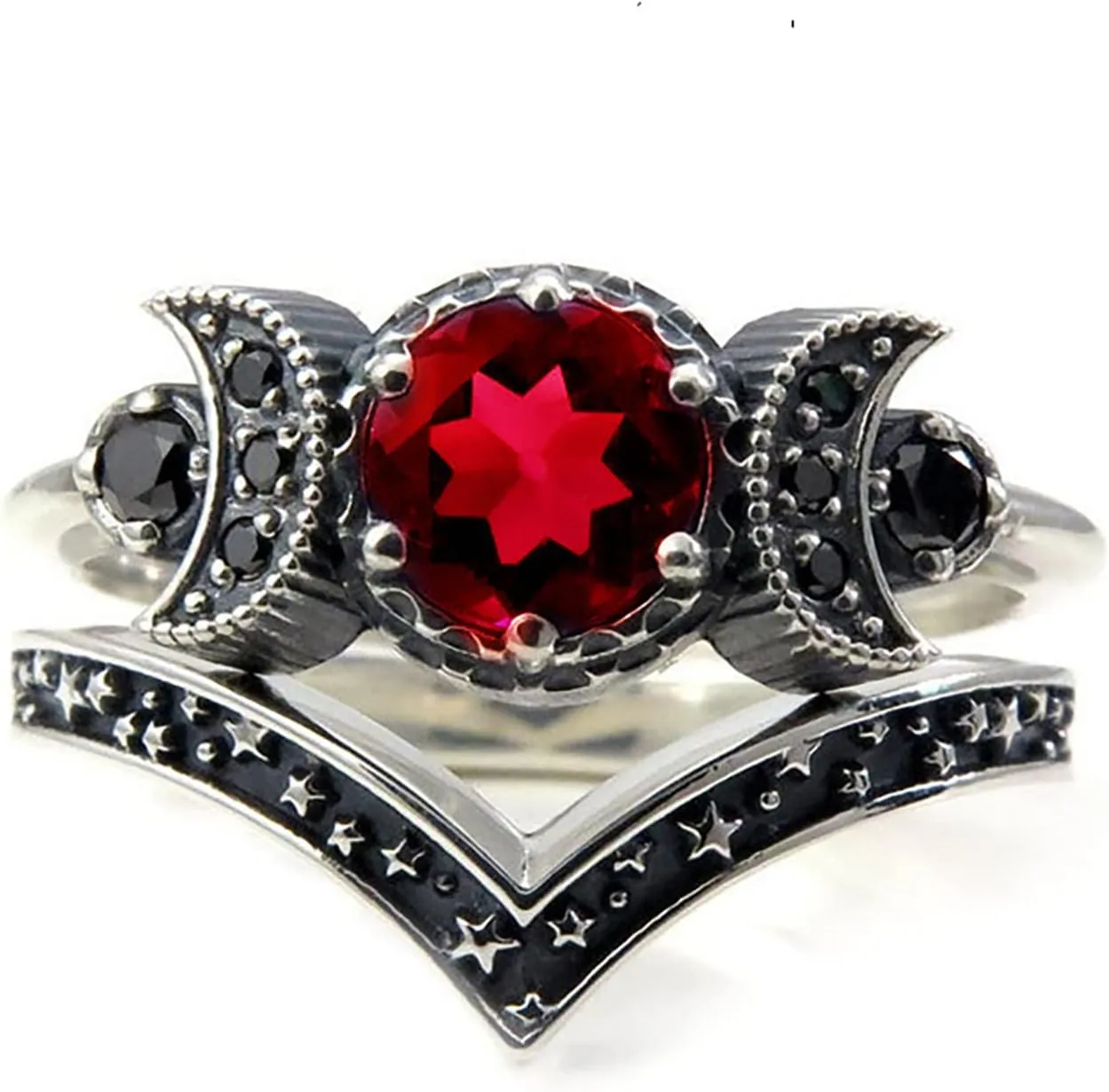 Wedding Bands for Women,Purple Crystal Cubic Zirconia Inlaid Promise Ring Wicca Pagan Triple Moon Godness Jewelry Ring Set
