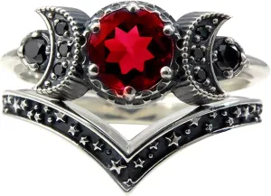 Wedding Bands for Women,Purple Crystal Cubic Zirconia Inlaid Promise Ring Wicca Pagan Triple Moon Godness Jewelry Ring Set