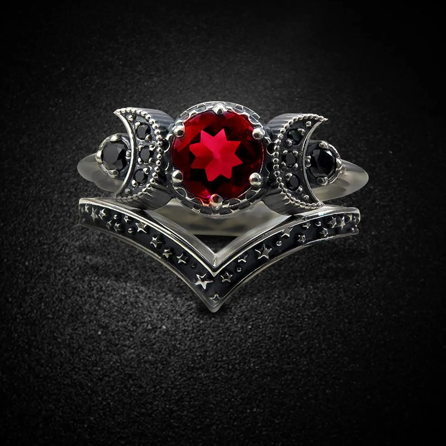 Wedding Bands for Women,Purple Crystal Cubic Zirconia Inlaid Promise Ring Wicca Pagan Triple Moon Godness Jewelry Ring Set