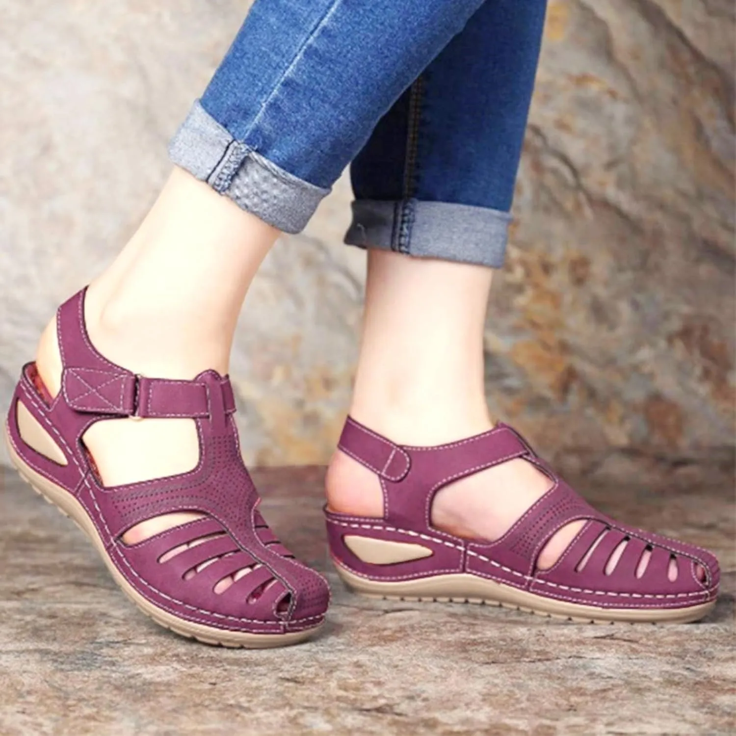 Wedge Orthopedic Sandals for Women 2025, Hollow Closed Toe Casual Wedge Sandals Comfy Bohemia Summer Beach Walking Sandals