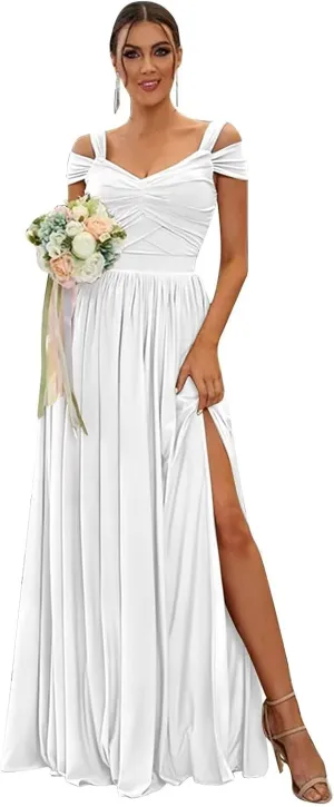 White Bridesmaid Dresses for Wedding Off The Shoulder Chiffon V-Neck Formal Evening Gown with Slit Size 8