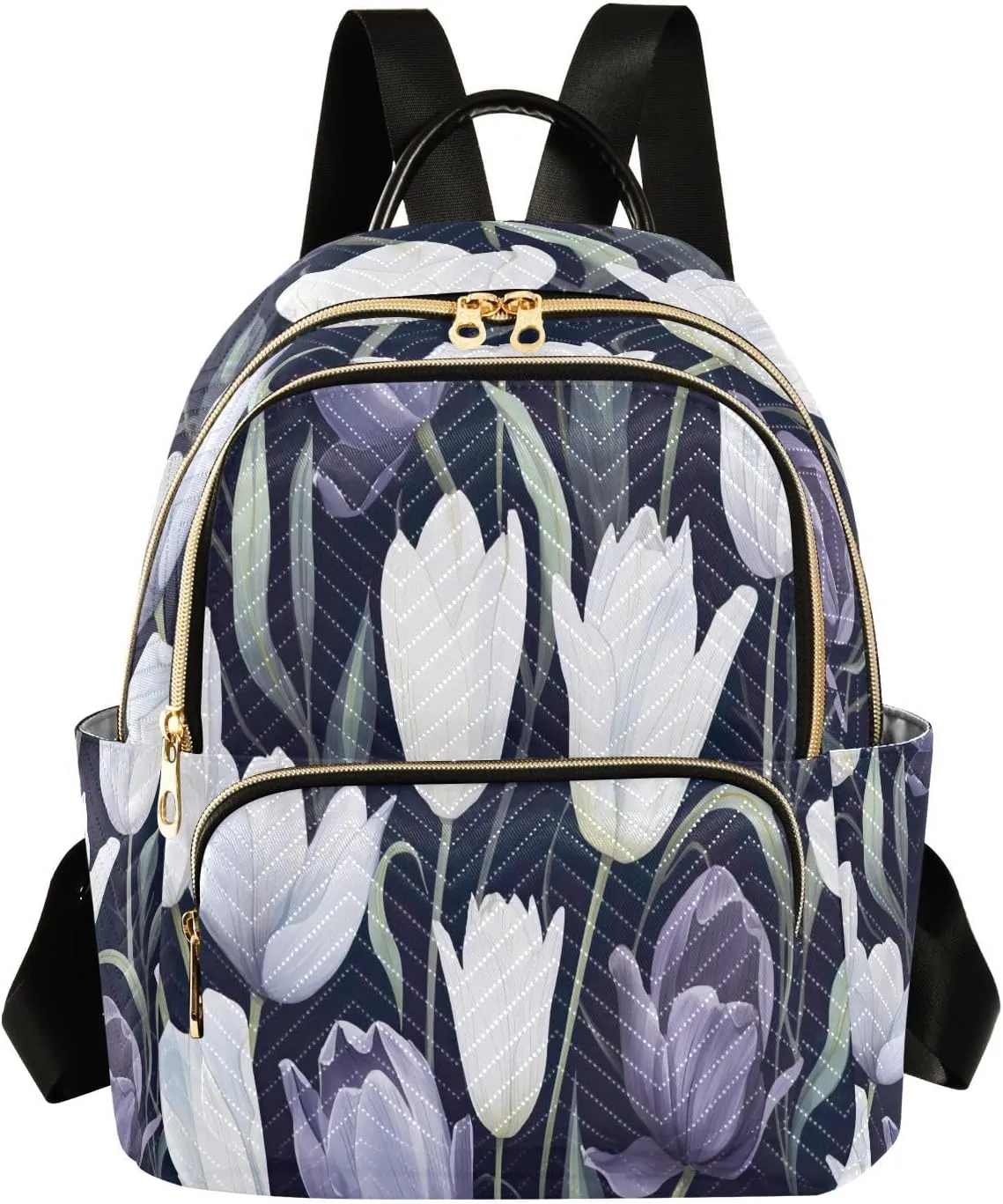 White Tulips Flower Black Mini Backpack for Women Small Backpack Purse for Girls Quilted Daypack for Travel Daily Work Shoulder Purses Bags Fashion Laptop Back Pack for Teens College Bookbag
