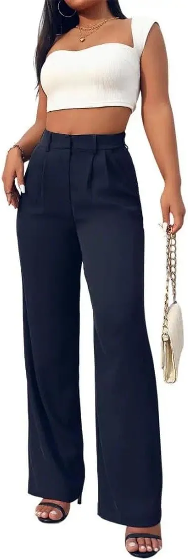 Wide Leg Pants for Women | High Waisted Trousers with Pockets | Comfortable Casual Business Work Pants