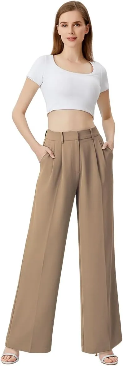 Wide Leg Pants for Women | High Waisted Trousers with Pockets | Comfortable Casual Business Work Pants
