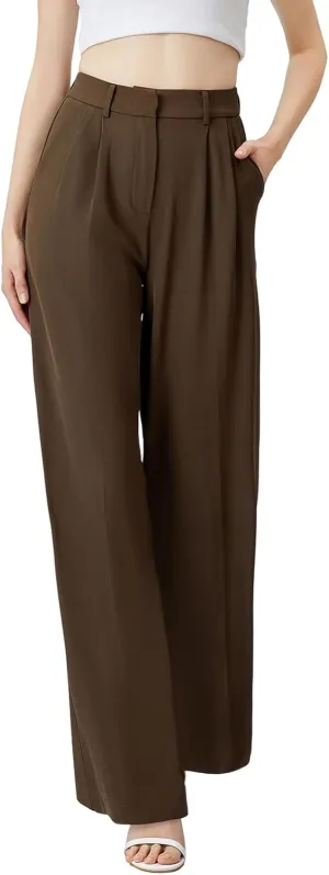 Wide Leg Pants | High Waisted Trousers with Pockets | Comfortable Work to Business Casual Pants - Brown - Medium