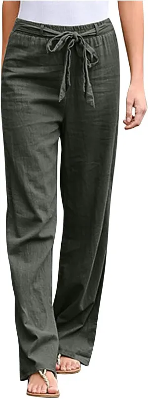 Wide Leg Pants Woman Elastic Waist Trousers Lightweight Linen Blend Casual Lounge Wear High Waist Comfortable Outfits
