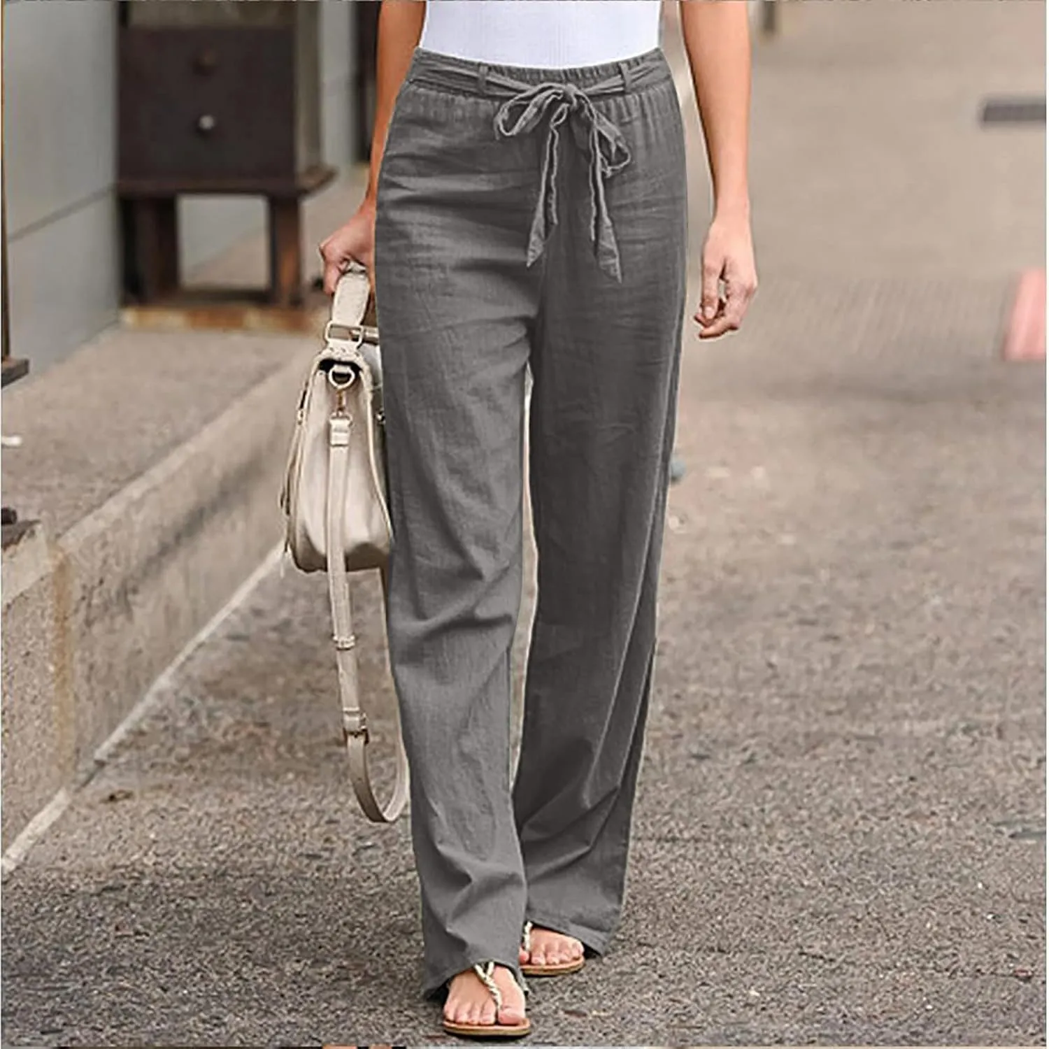 Wide Leg Pants Woman Elastic Waist Trousers Lightweight Linen Blend Casual Lounge Wear High Waist Comfortable Outfits