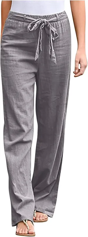 Wide Leg Pants Woman Elastic Waist Trousers Lightweight Linen Blend Casual Lounge Wear High Waist Comfortable Outfits