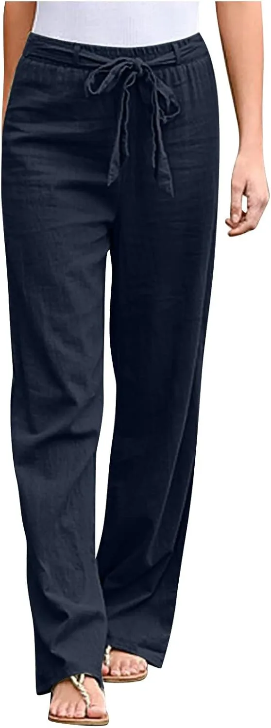 Wide Leg Pants Woman Elastic Waist Trousers Lightweight Linen Blend Casual Lounge Wear High Waist Comfortable Outfits