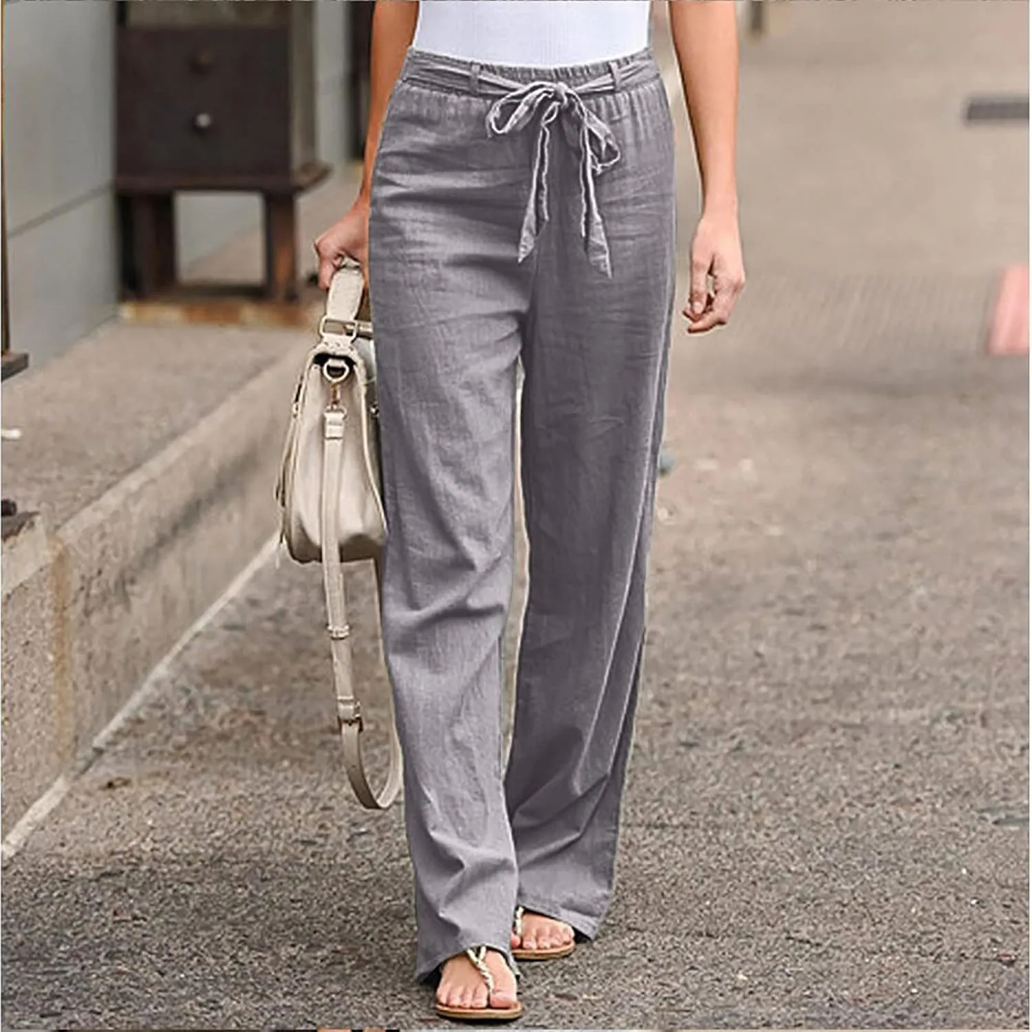 Wide Leg Pants Woman Elastic Waist Trousers Lightweight Linen Blend Casual Lounge Wear High Waist Comfortable Outfits