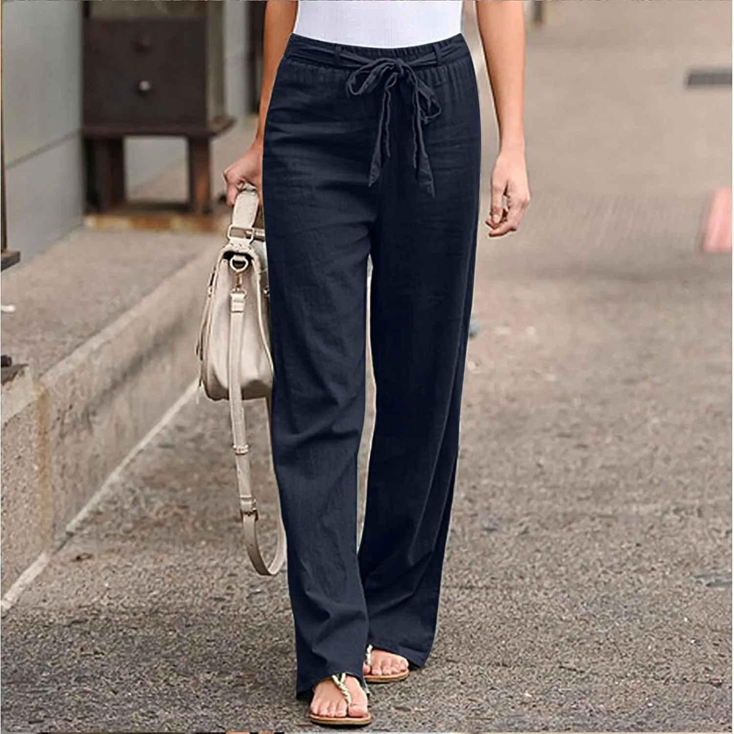 Wide Leg Pants Woman Elastic Waist Trousers Lightweight Linen Blend Casual Lounge Wear High Waist Comfortable Outfits