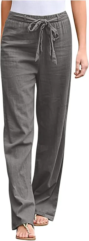 Wide Leg Pants Woman Elastic Waist Trousers Lightweight Linen Blend Casual Lounge Wear High Waist Comfortable Outfits