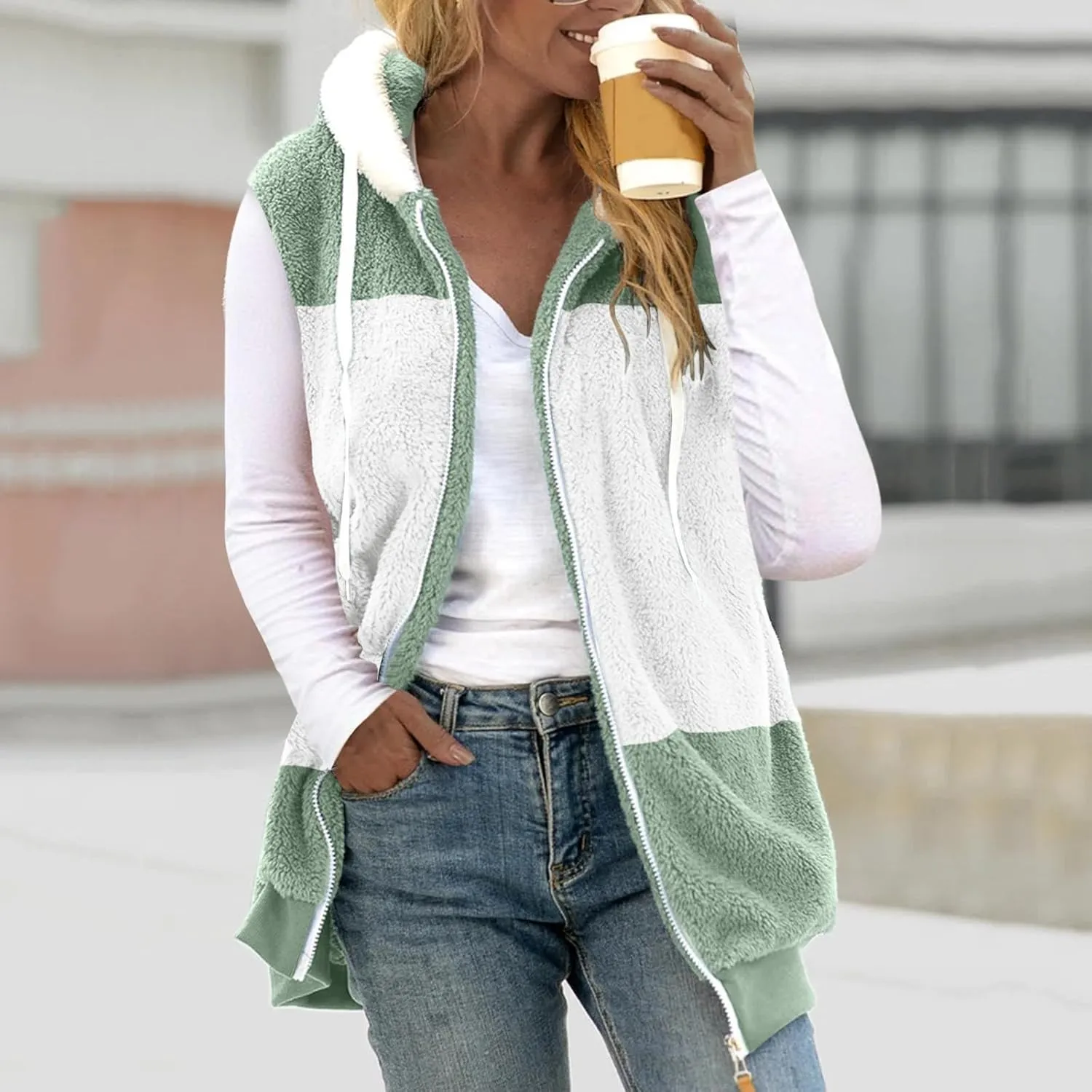 Winter Coat For Women 2023 Fuzzy Fleece Jacket Hooded Color Block Thermal Coat Oversized Fluffy Sherpa Outerwear