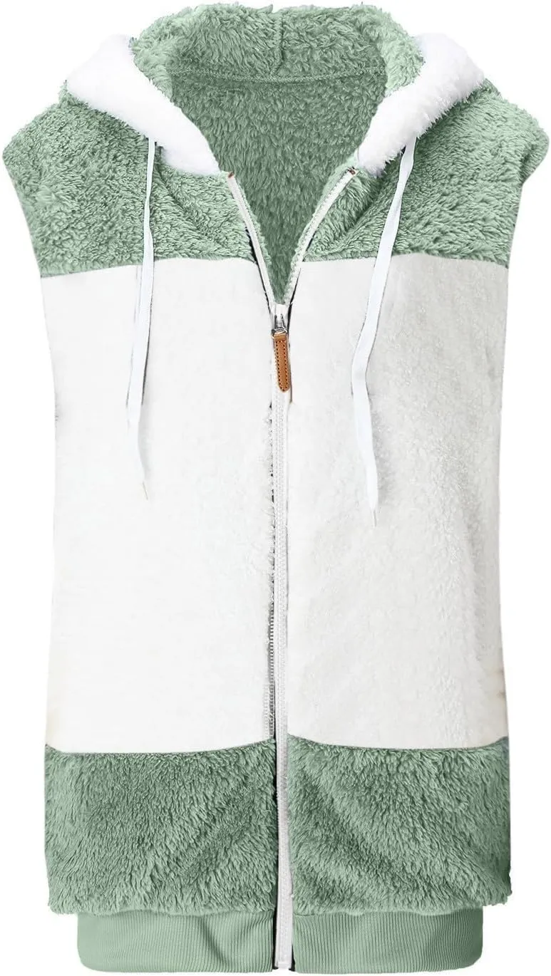 Winter Coat For Women 2023 Fuzzy Fleece Jacket Hooded Color Block Thermal Coat Oversized Fluffy Sherpa Outerwear